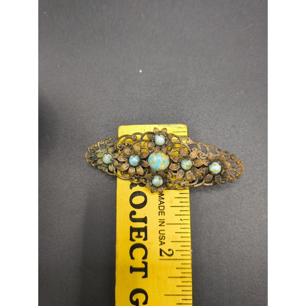 Vintage 1920-30s Czech Brass Filigree Brooch Pin Turquoise Glass Cabochons Art - Picture 8 of 9